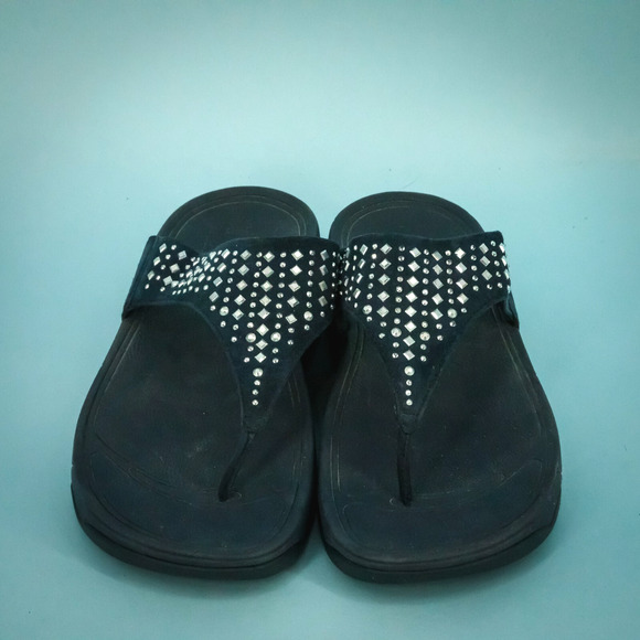 FitFlop Size 8 Navy Blue Novy Sparkle Jewel Slip Slide On Thong Flip Flops - Picture 2 of 6